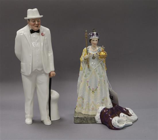Two Royal Doulton figures: Queen Elizabeth II limited edition 355/1000 HN3436 and Winston Churchill HN3057 tallest 27cm